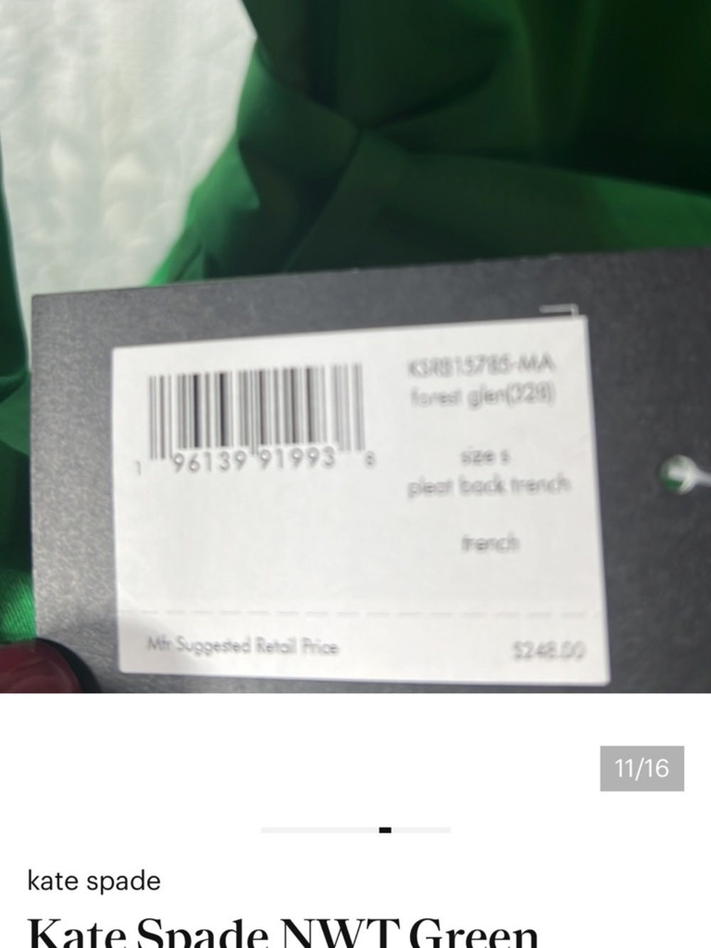 kate spade Bright Green Double-Breasted Trench Coat Pleated Back - Picture 11 of 12